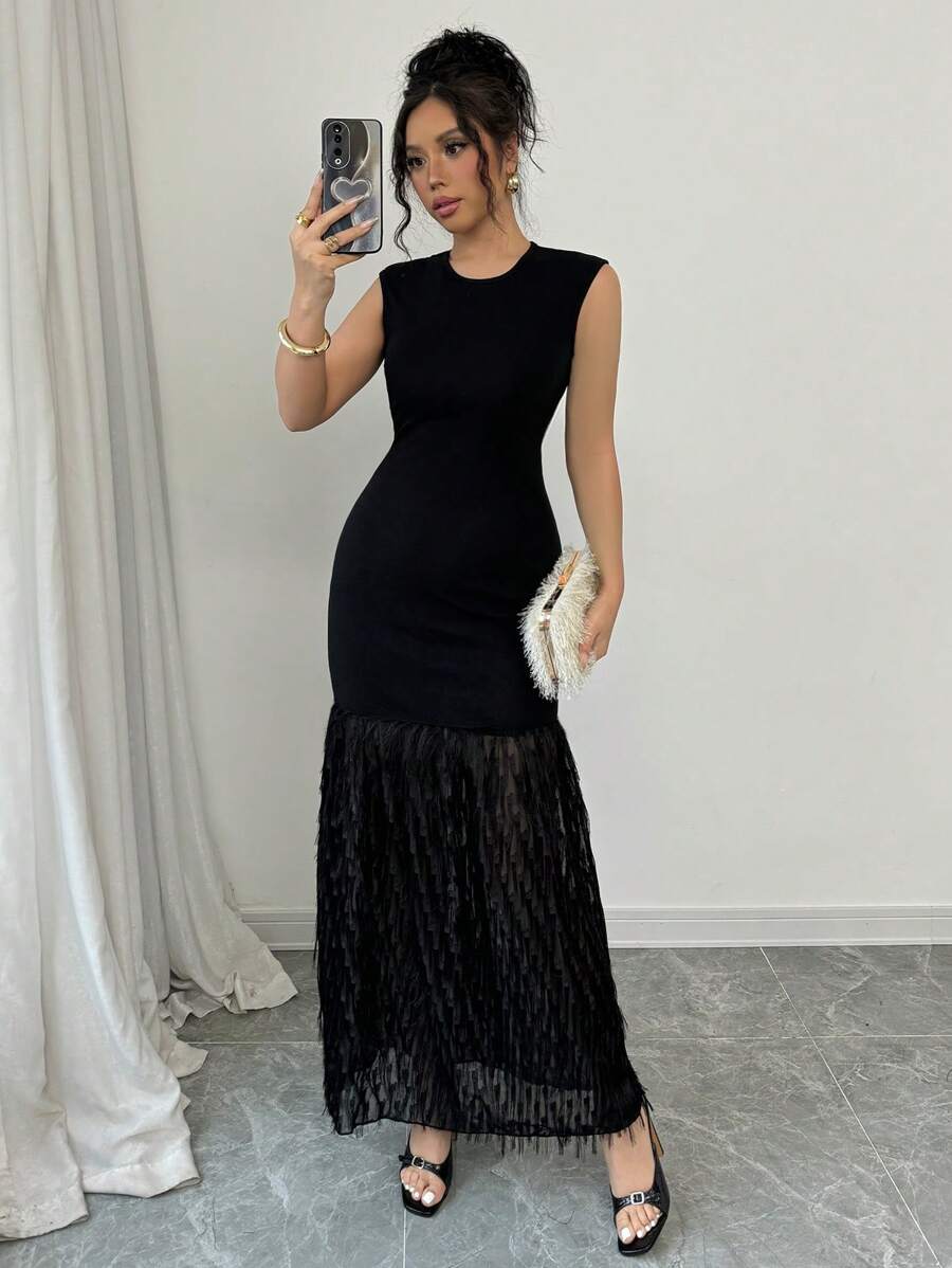 SHEIN Elenzga فستان أسود طويل بدون أكمام بحافة ريش أنيقة
