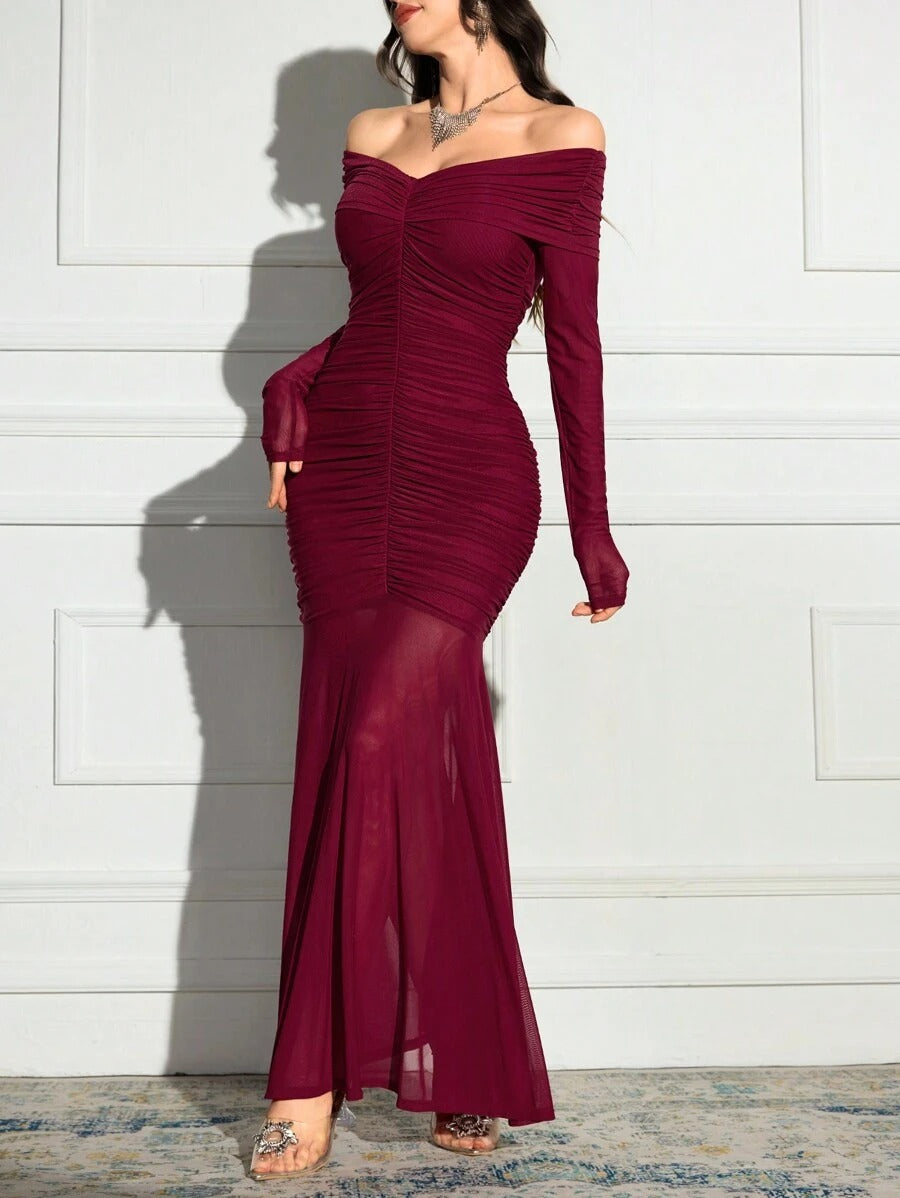 SHEIN Modelyn فستان سهرة عنابي بأكمام طويلة وكتف منسدل