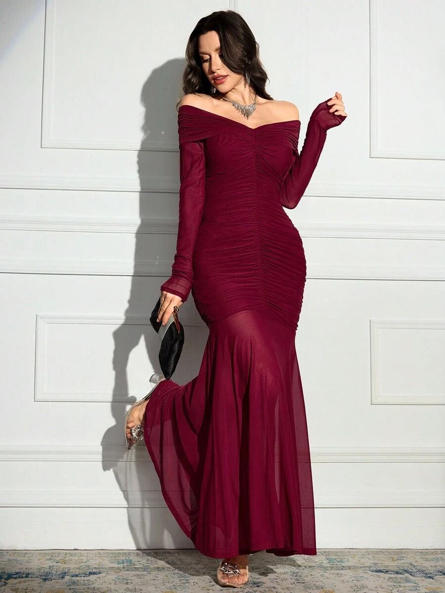 SHEIN Modelyn فستان سهرة عنابي بأكمام طويلة وكتف منسدل
