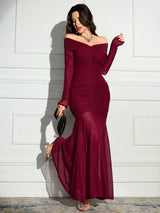 SHEIN Modelyn فستان سهرة عنابي بأكمام طويلة وكتف منسدل