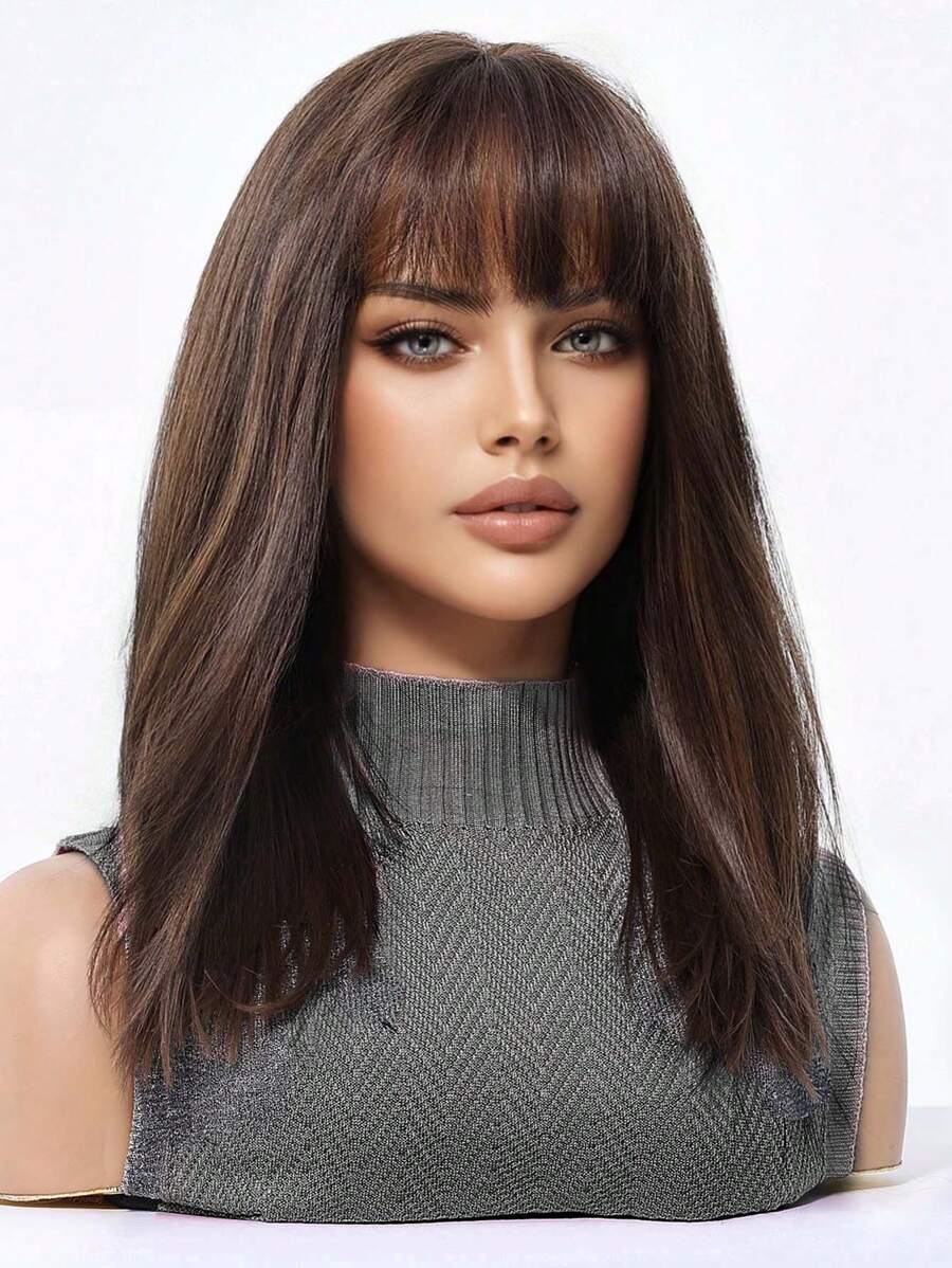 SHEIN باروكة قصيرة مموجة 14 بوصة بلون بني داكن