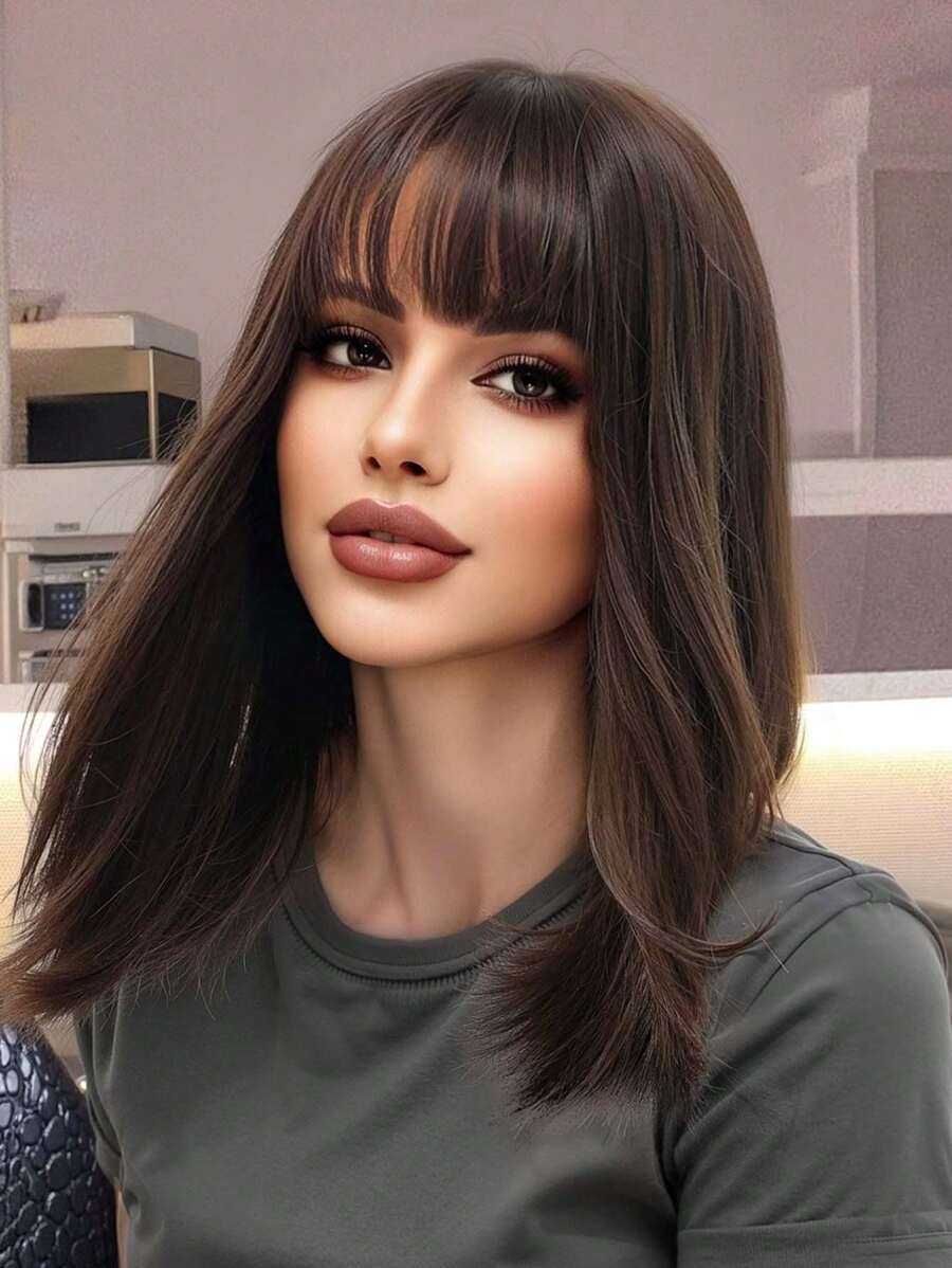 SHEIN باروكة قصيرة مموجة 14 بوصة بلون بني داكن