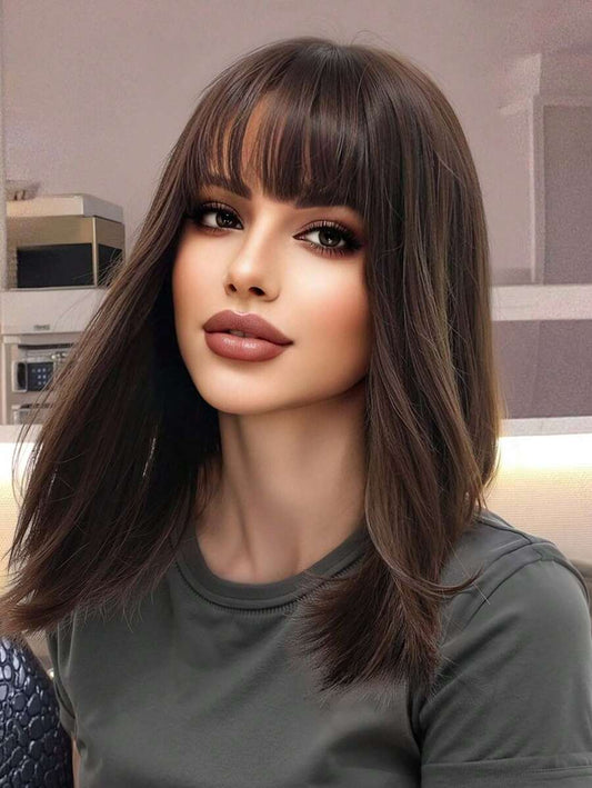 SHEIN باروكة قصيرة مموجة بطول 14 بوصة بلون بني داكن