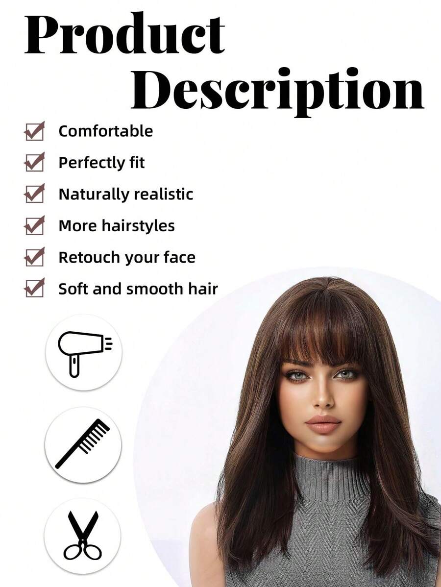 SHEIN باروكة قصيرة مموجة 14 بوصة بلون بني داكن