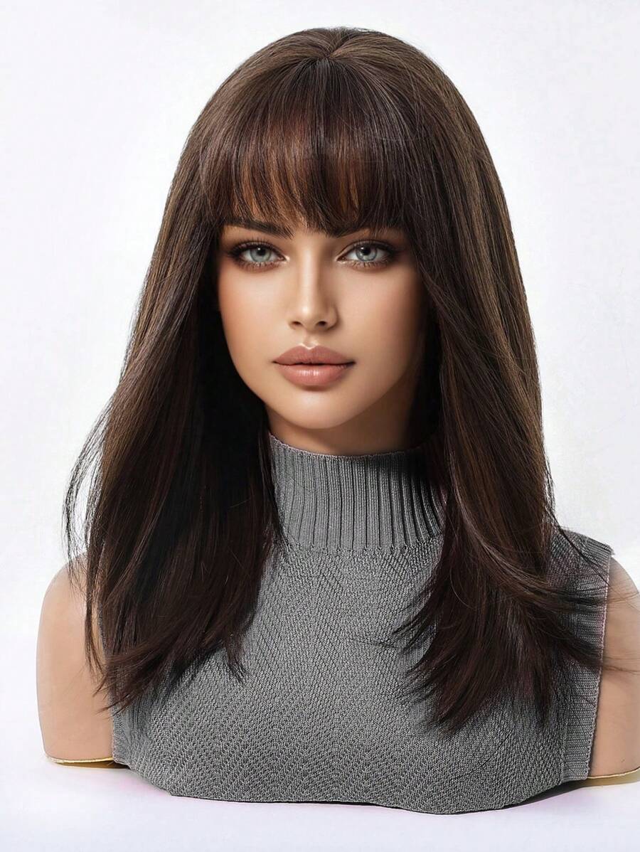 SHEIN باروكة قصيرة مموجة 14 بوصة بلون بني داكن