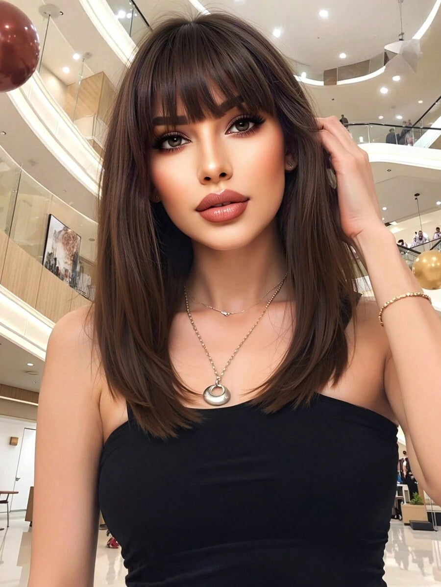 SHEIN باروكة قصيرة مموجة 14 بوصة بلون بني داكن