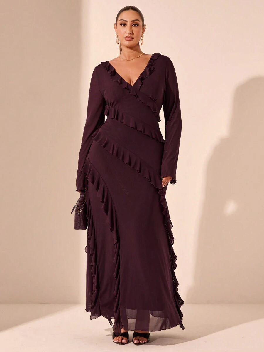 SHEIN BAE فستان مقاس كبير بأكمام طويلة وكشكشة وفيونكة وتفاصيل شبكية
