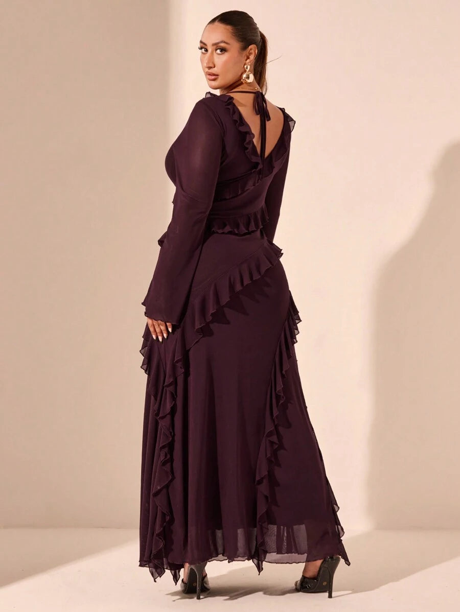 SHEIN BAE فستان مقاس كبير بأكمام طويلة وكشكشة وفيونكة وتفاصيل شبكية