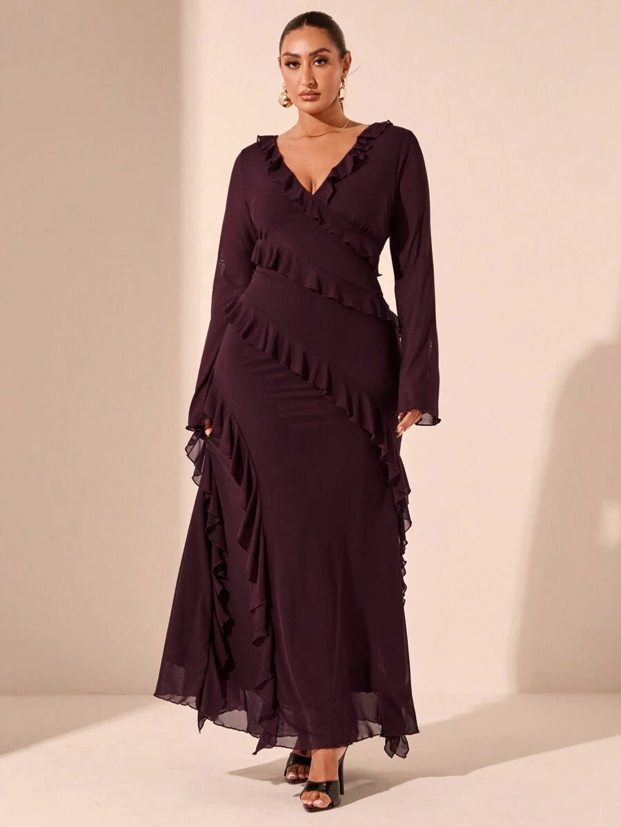 SHEIN BAE فستان مقاس كبير بأكمام طويلة وكشكشة وفيونكة وتفاصيل شبكية