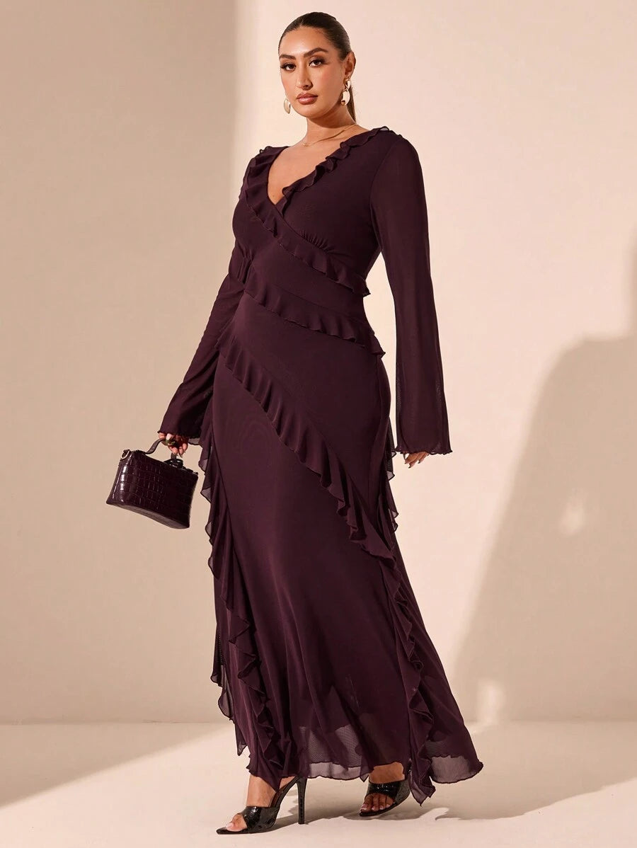 SHEIN BAE فستان مقاس كبير بأكمام طويلة وكشكشة وفيونكة وتفاصيل شبكية