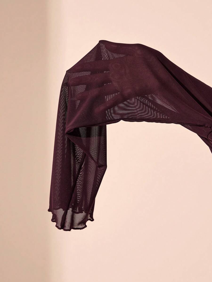 SHEIN BAE فستان مقاس كبير بأكمام طويلة وكشكشة وفيونكة وتفاصيل شبكية