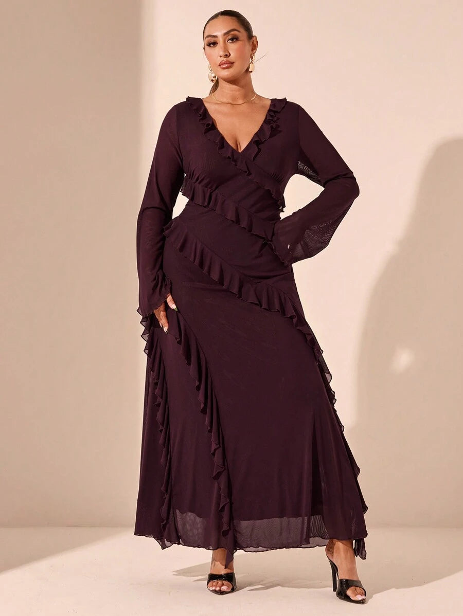 SHEIN BAE فستان مقاس كبير بأكمام طويلة وكشكشة وفيونكة وتفاصيل شبكية