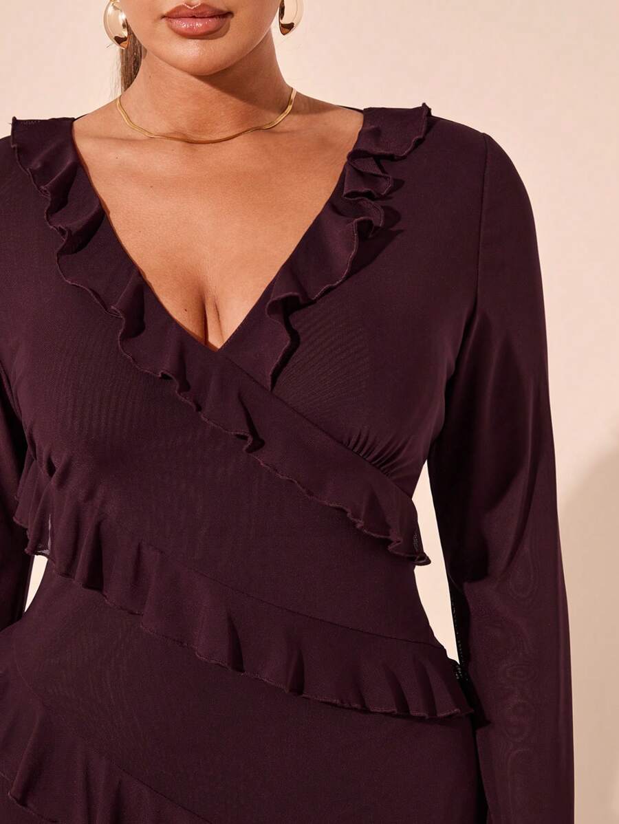 SHEIN BAE فستان مقاس كبير بأكمام طويلة وكشكشة وفيونكة وتفاصيل شبكية