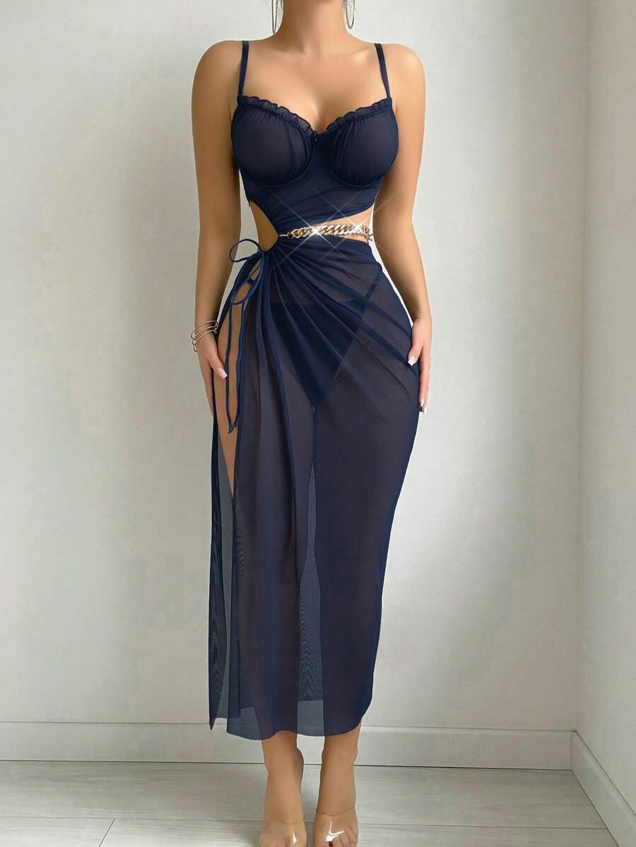 SHEIN طقم 3 قطع فستان ازرق وحزام وسروال داخلي