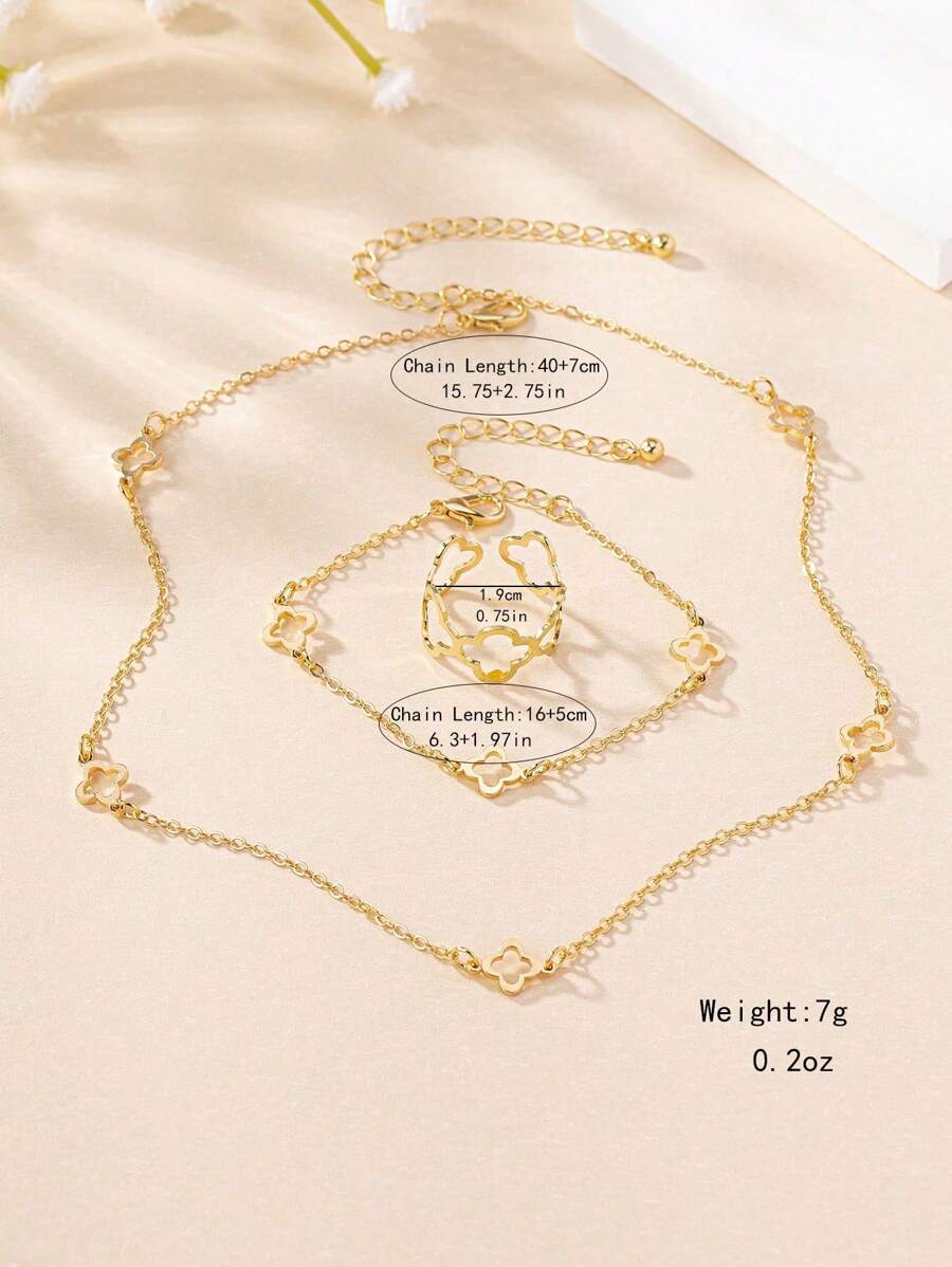SHEIN طقم مجوهرات معدنية قلادة وسوار وخاتم بتصميم زهور وبرسيم