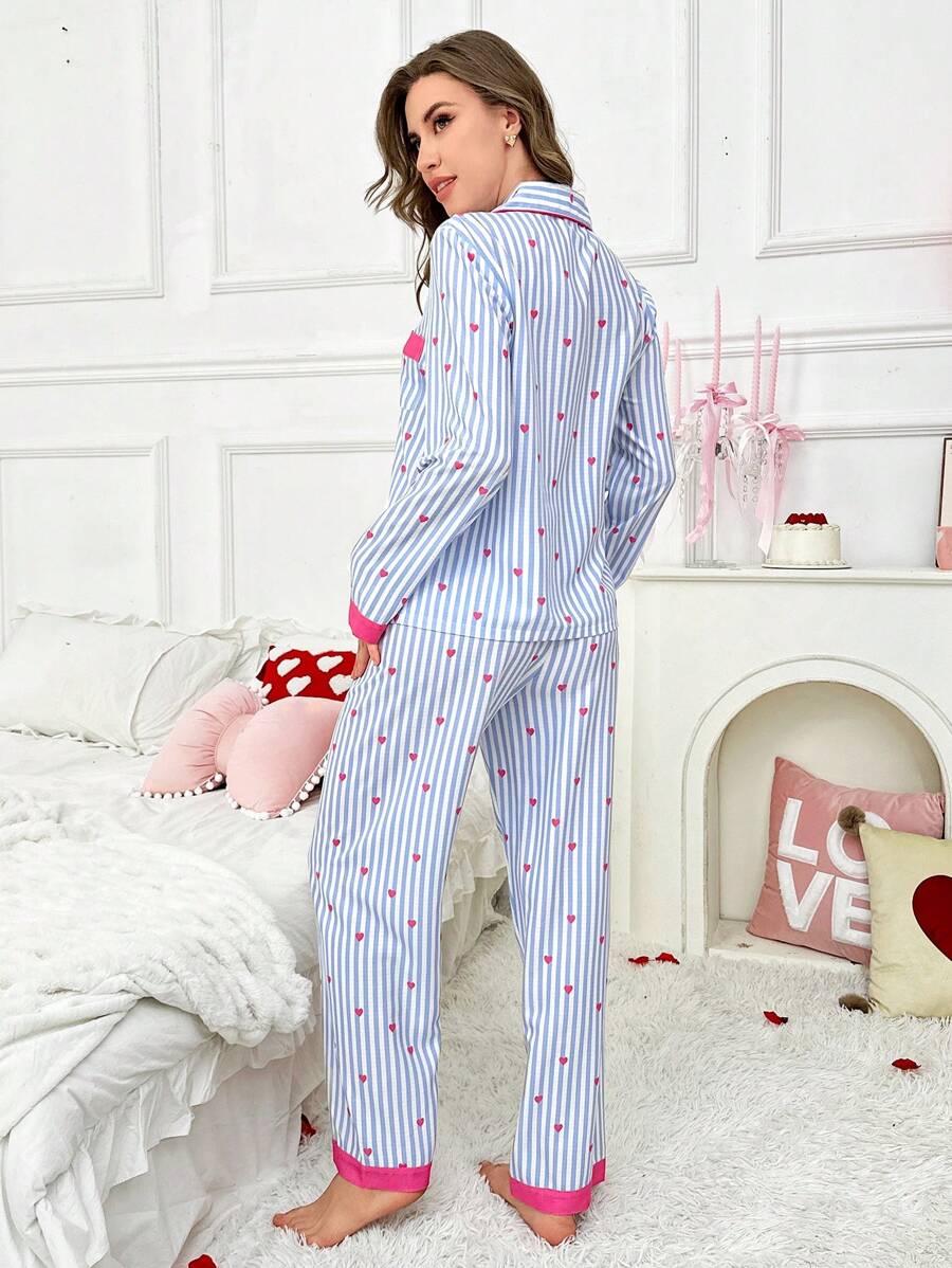 SHEIN CottageSlumber طقم بيجامة قطعتين بنقشة قلب مخطط