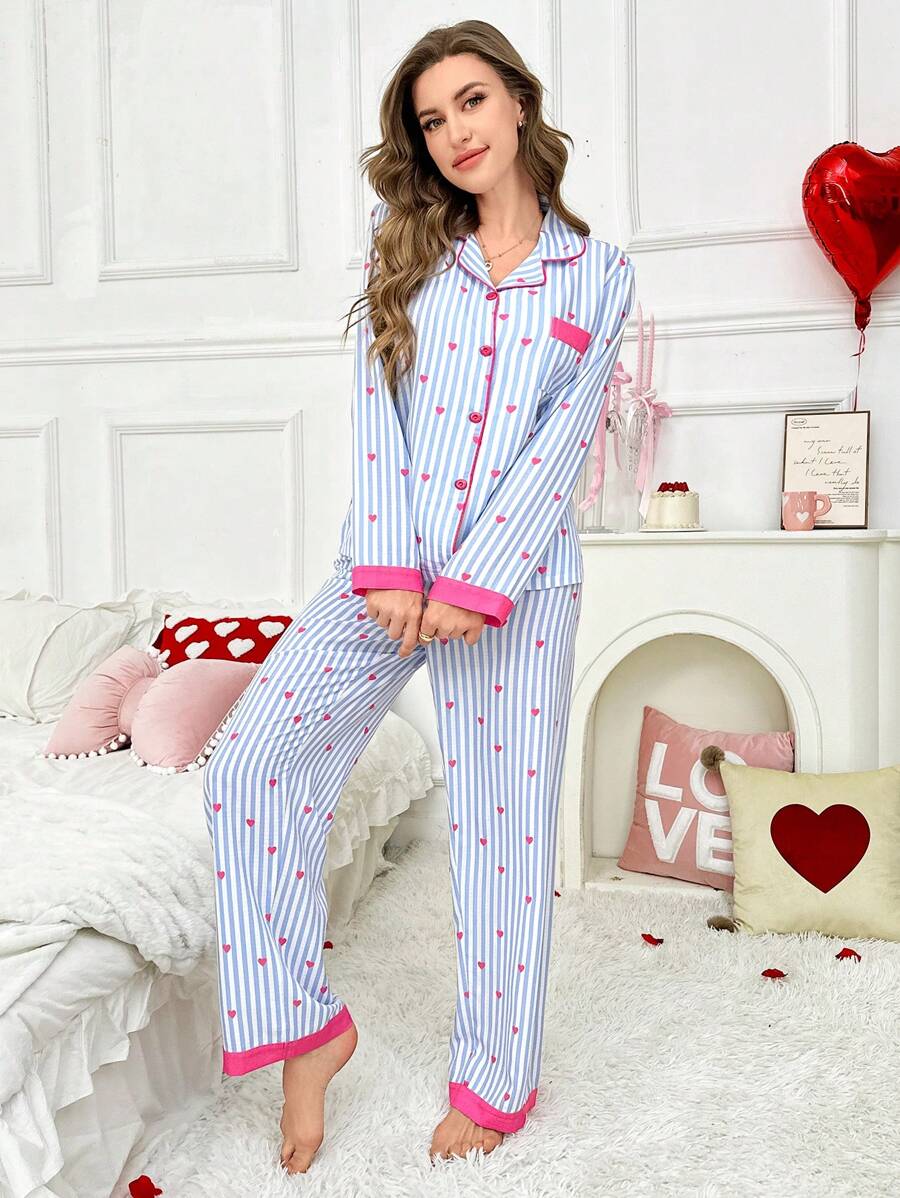 SHEIN CottageSlumber طقم بيجامة قطعتين بنقشة قلب مخطط