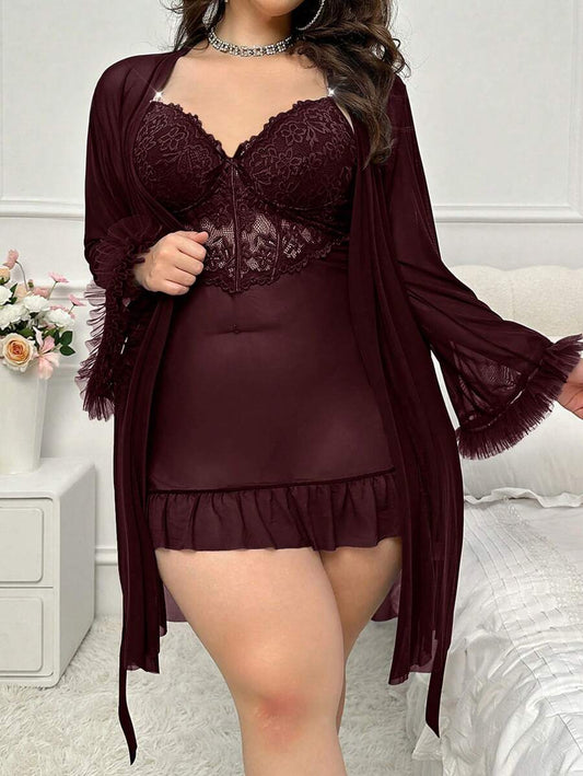SHEIN طقم فانيلة نوم ورداء شبكي بأكمام منفرجة