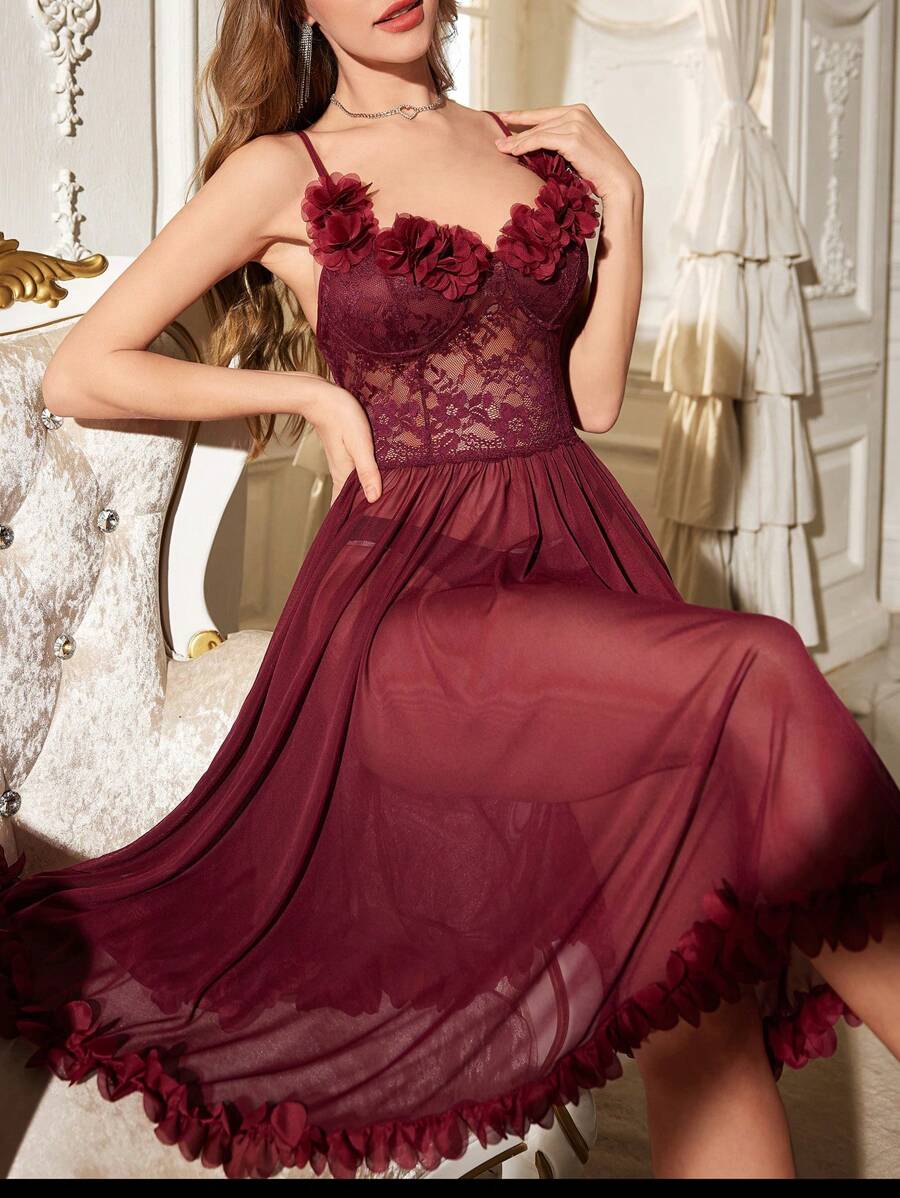 SHEIN Slumberist ثوب نوم شبكي شفاف بزخارف زهرية ودانتيل