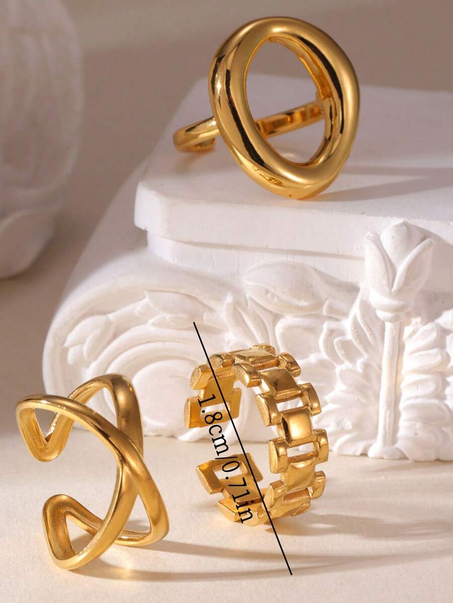 SHEIN GEREIT طقم 3 خواتم فولاذ بطراز عصري دائري مفرغ