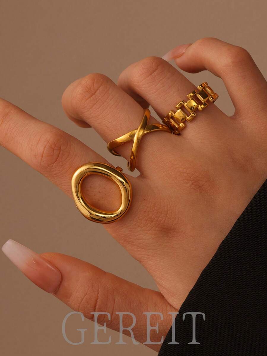 SHEIN GEREIT طقم 3 خواتم فولاذ بطراز عصري دائري مفرغ