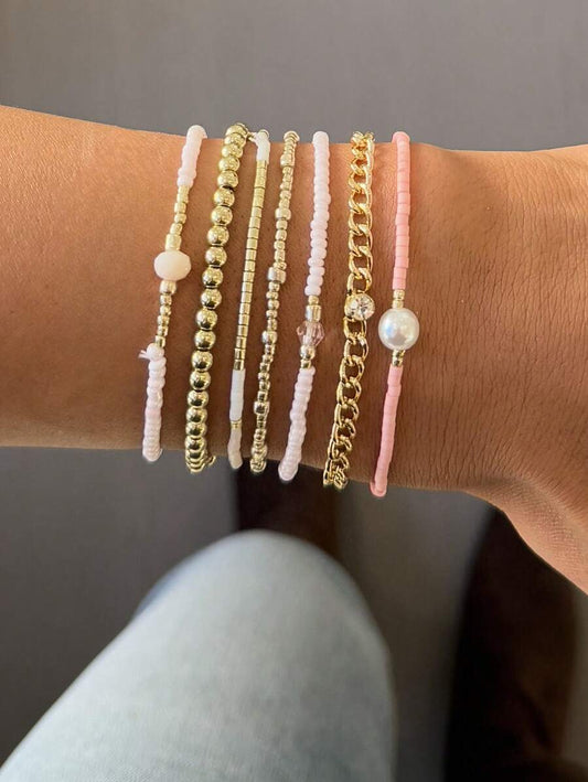 SHEIN مجموعة أساور 7 قطع مطلية بالذهب والوردي بخرز