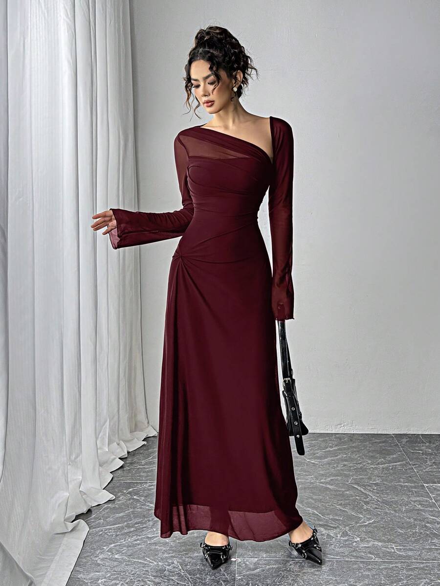 SHEIN Siren Gaze فستان طويل عنابي من قماش شبكي شفاف