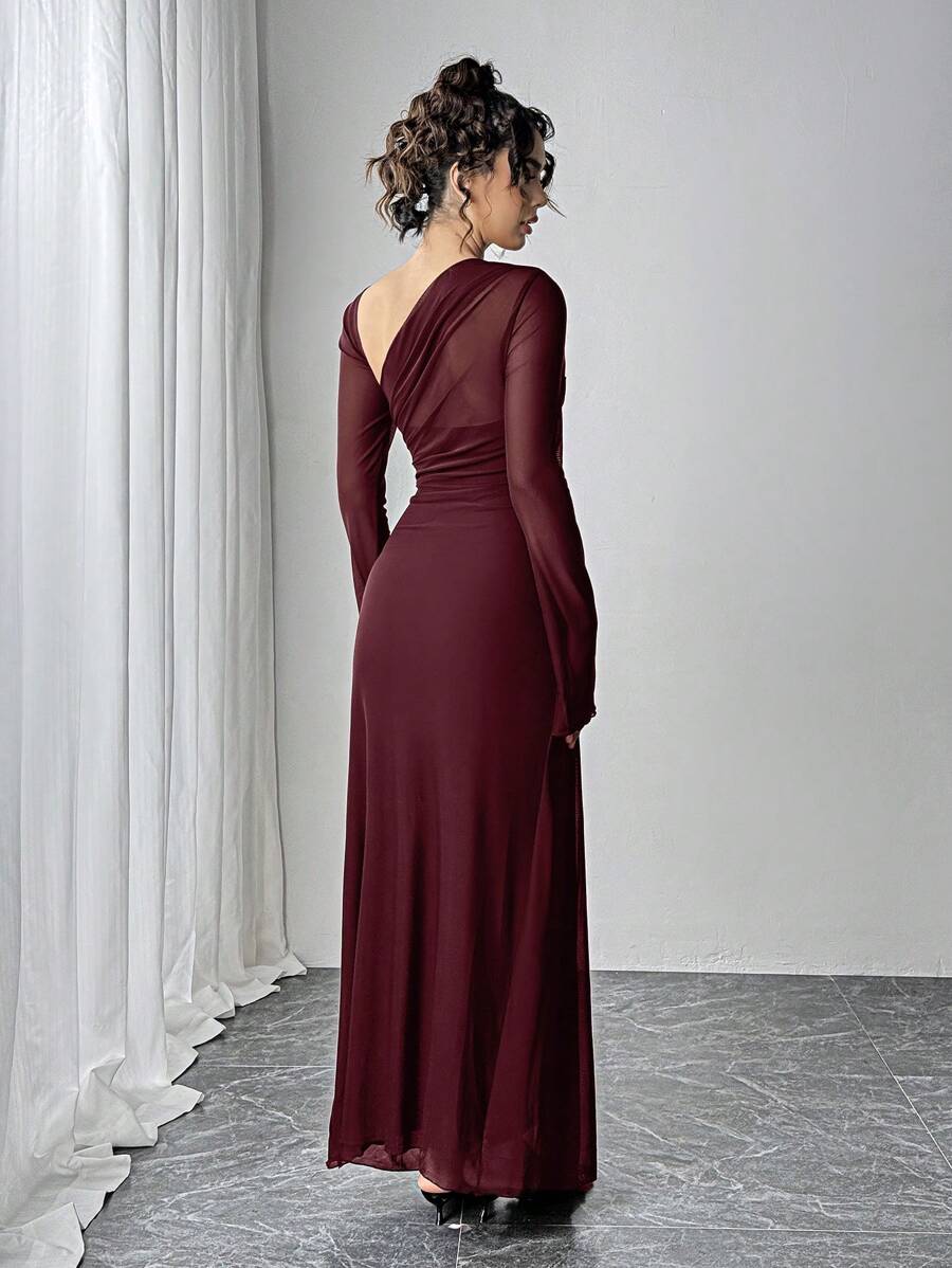 SHEIN Siren Gaze فستان طويل عنابي من قماش شبكي شفاف