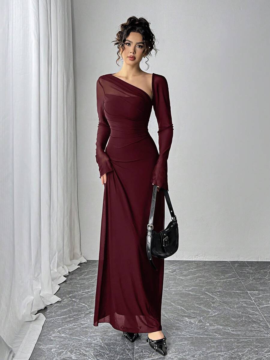 SHEIN Siren Gaze فستان طويل عنابي من قماش شبكي شفاف