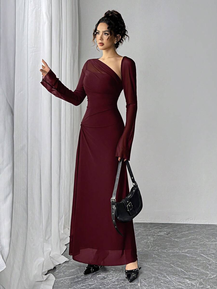 SHEIN Siren Gaze فستان طويل عنابي من قماش شبكي شفاف