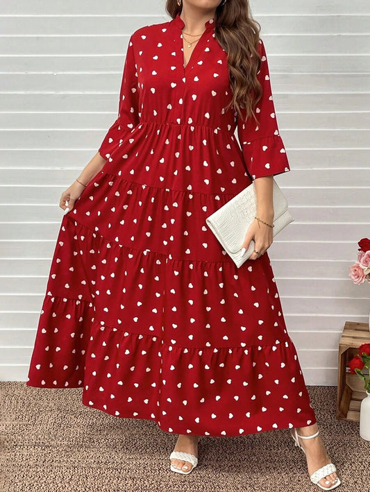 SHEIN LUNE فستان أحمر طويل للمقاسات الكبيرة بطبعة أوراق بتصميم بوهيمي