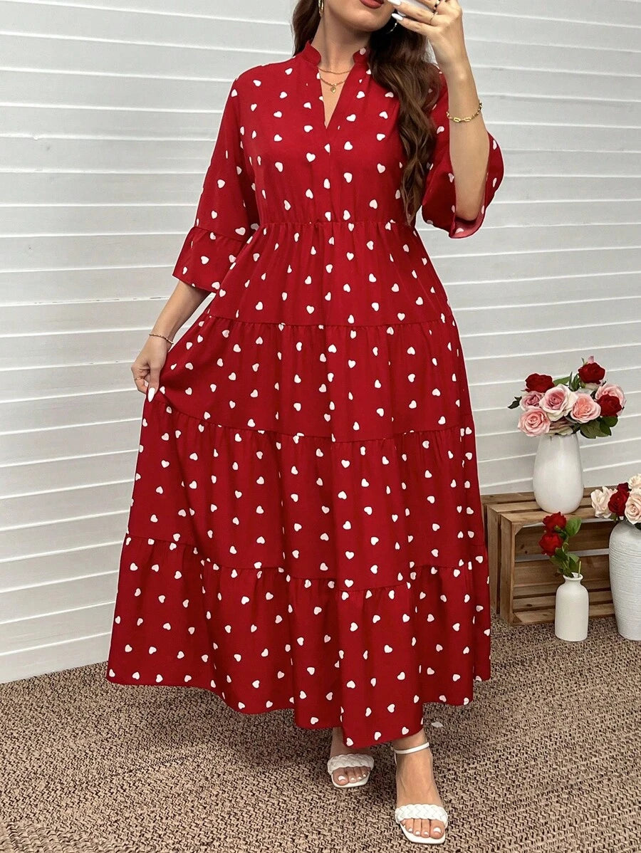 SHEIN LUNE فستان أحمر طويل للمقاسات الكبيرة بطبعة أوراق بتصميم بوهيمي