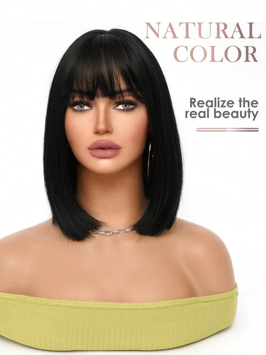 SHEIN باروكة شعر قصير أسود 12 بوصة مع غرة مقاومة للحرارة