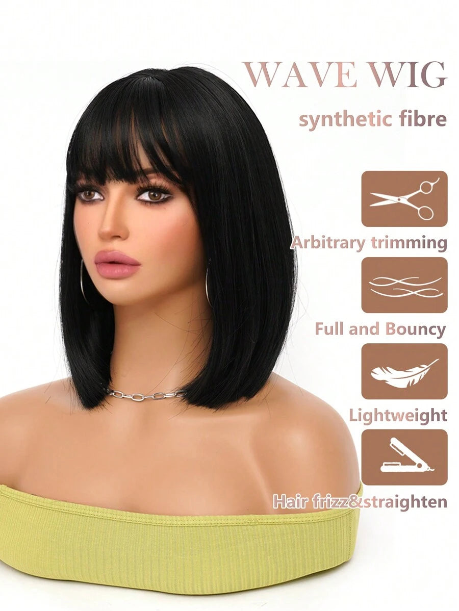 SHEIN باروكة شعر قصير أسود 12 بوصة مع غرة مقاومة للحرارة