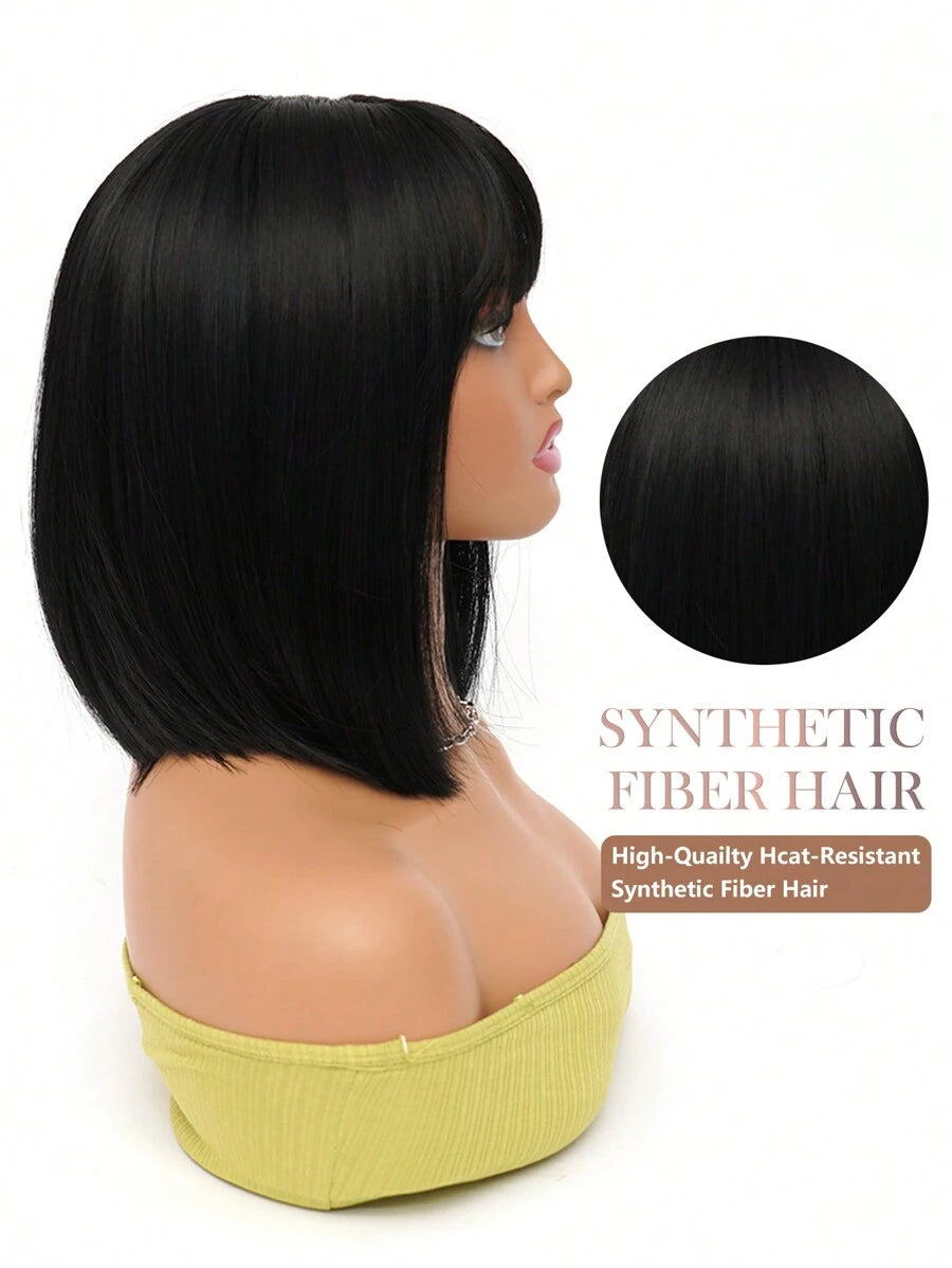 SHEIN باروكة شعر قصير أسود 12 بوصة مع غرة مقاومة للحرارة