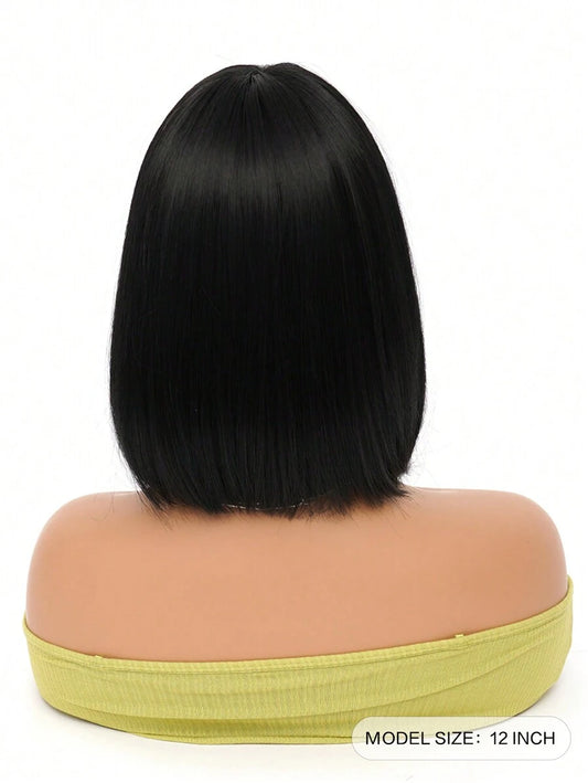 SHEIN باروكة شعر قصير أسود 12 بوصة مع غرة مقاومة للحرارة