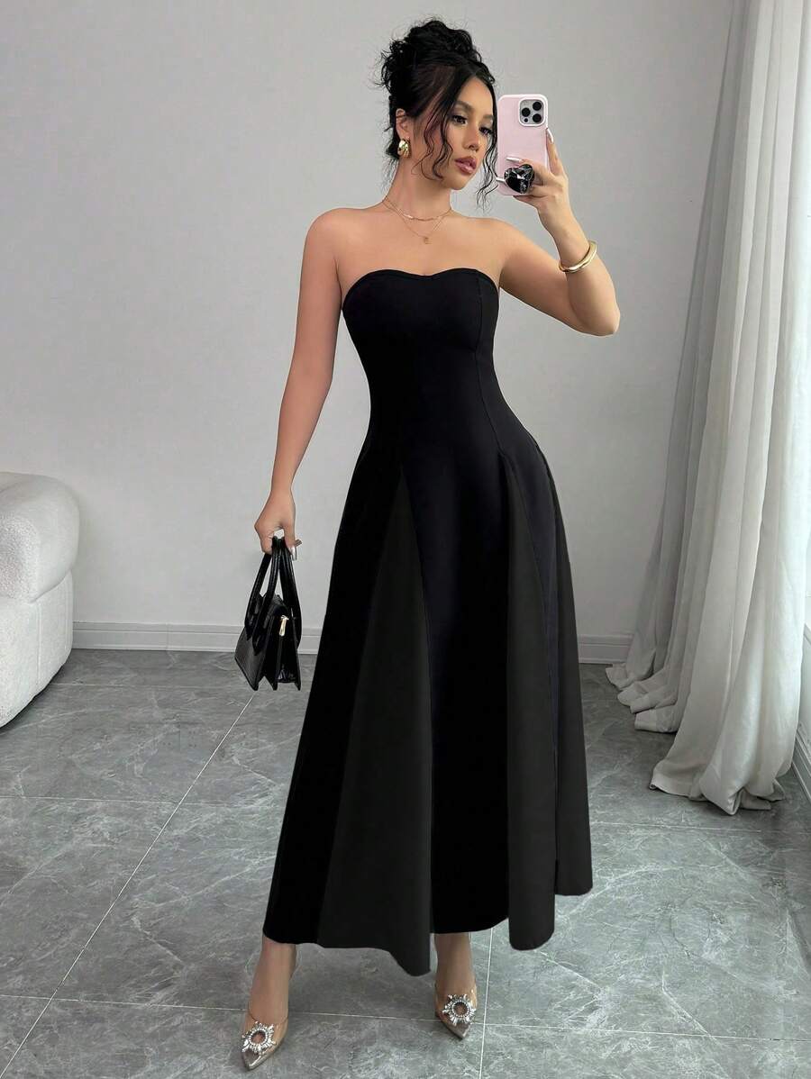SHEIN Elenzga فستان ماكسي اسود أنبوبي مزخرف بتكتلات