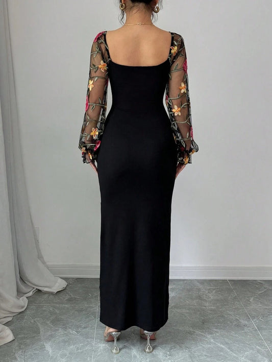 SHEIN Elenzga فستان اسود مكشوف الكتفين مطرز بطبعات زهرية