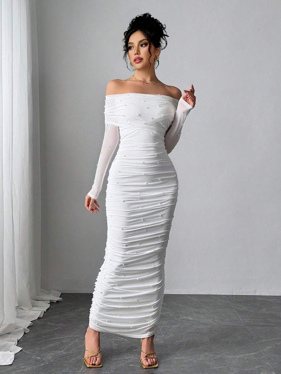 SHEIN Firerie فستان ماكسي أبيض بكتف مكشوف مزين باللؤلؤ