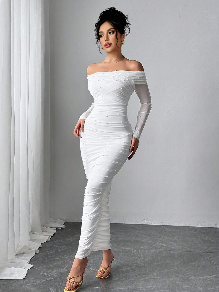 SHEIN Firerie فستان ماكسي أبيض بكتف مكشوف مزين باللؤلؤ