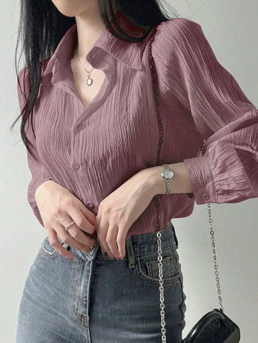 SHEIN DAZY قميص بياقة منحرفة وتجاعيد بلون أرجواني بأكمام طويلة