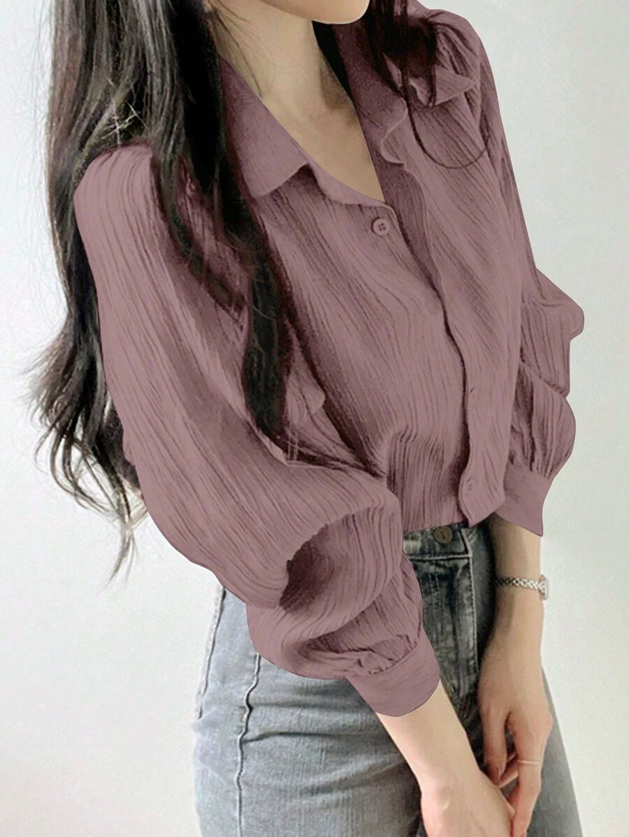 SHEIN DAZY قميص بياقة منحرفة وتجاعيد بلون أرجواني بأكمام طويلة