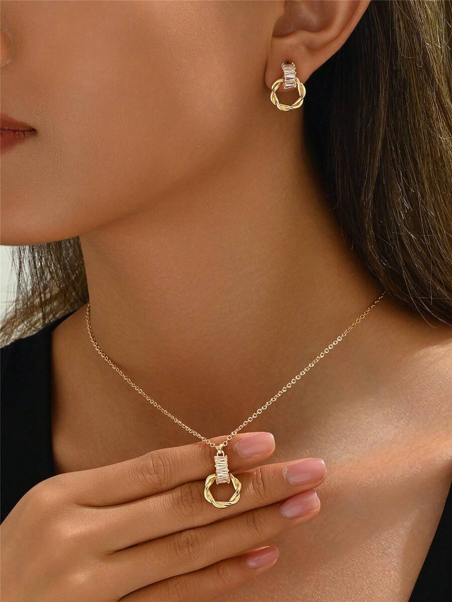 SHEIN طقم 3 قطع قلادة وأقراط دائري بفصوص الراين