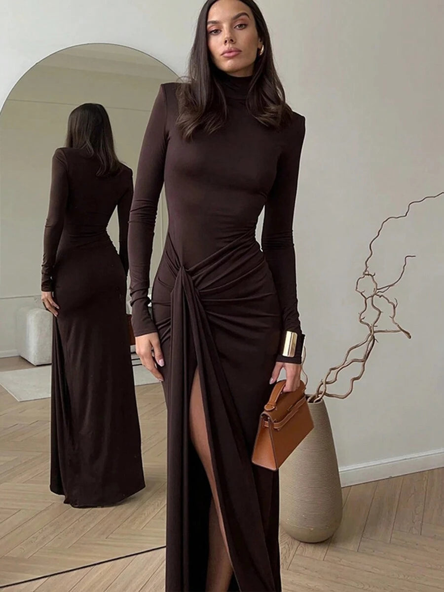 SHEIN فستان سهرة بني ضيق بياقة وهمية ودانتيل