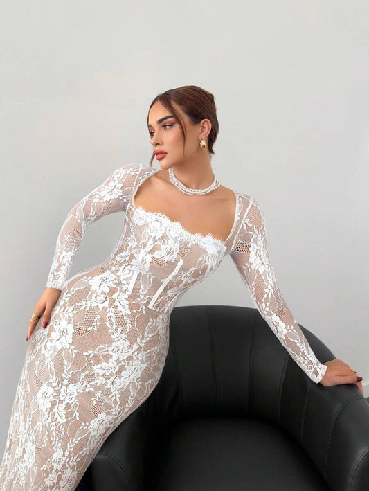 SHEIN Aloruh فستان طويل دانتيل ضيق بأكمام طويلة