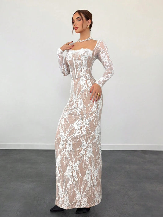 SHEIN Aloruh فستان طويل دانتيل ضيق بأكمام طويلة