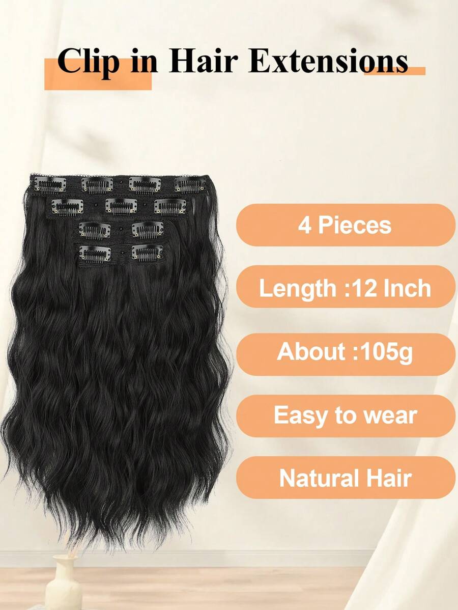 SHEIN nimoki مجموعة 4 قطع تمديدات شعر أسود 12 بوصة تموجات مائية