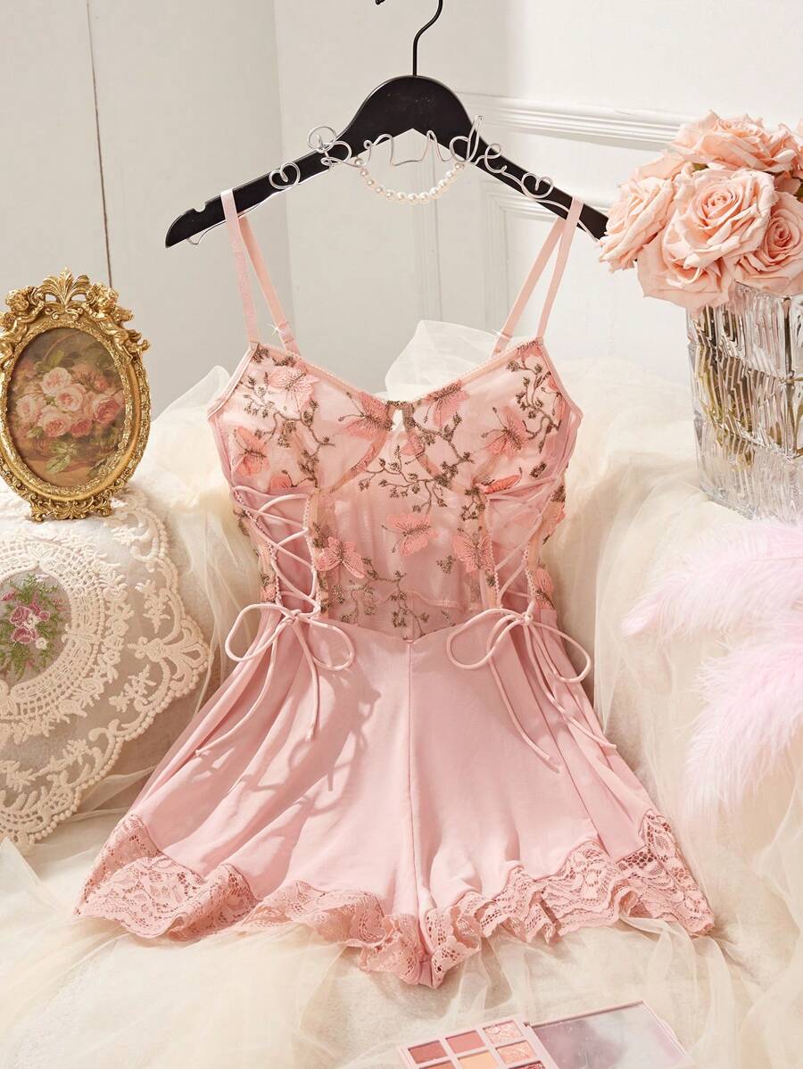 SHEIN X Garcia Sisters SilkySpell جمبسوت شبكي مطرز بفراشات