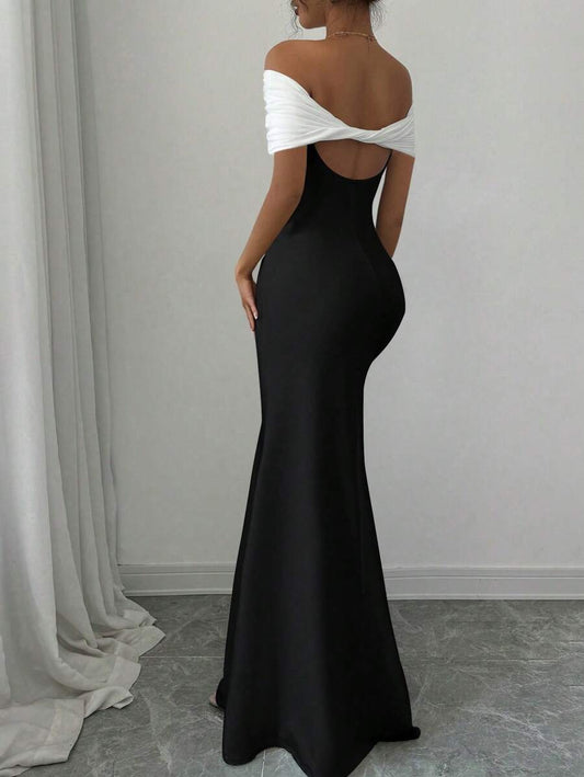 SHEIN Rafferiza فستان طويل أنيق بلون أبيض وأسود