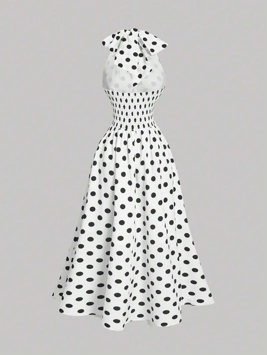 SHEIN MOD فستان أبيض برقبة حمالة بنقاط أبيض وأسود